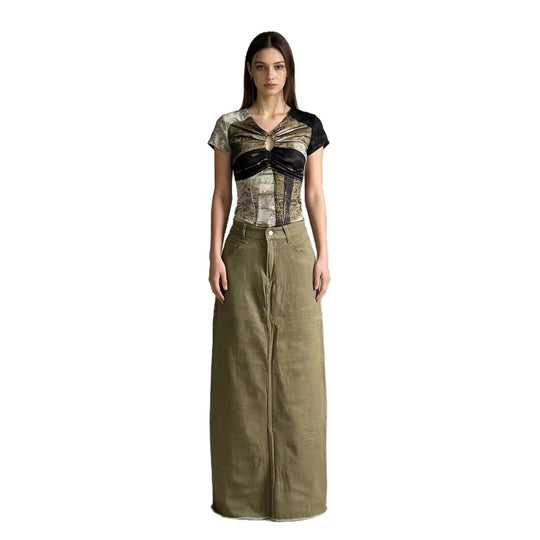 Damen nan langer High-Waist Denim-Maxirock mit gerader Silhouette und rohem Saum EB