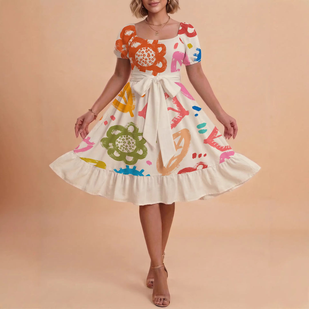 Damen Sommerkleid mit floralem Puffärmel und taillierbarem Gürtel EB