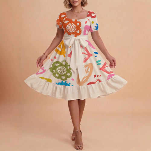 Damen Sommerkleid mit floralem Puffärmel und taillierbarem Gürtel EB
