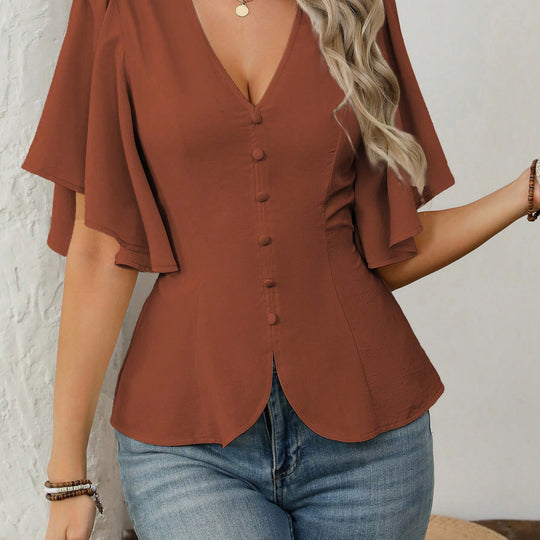 Damen elegante Bluse mit Glockenärmeln und Knopfdetail EB