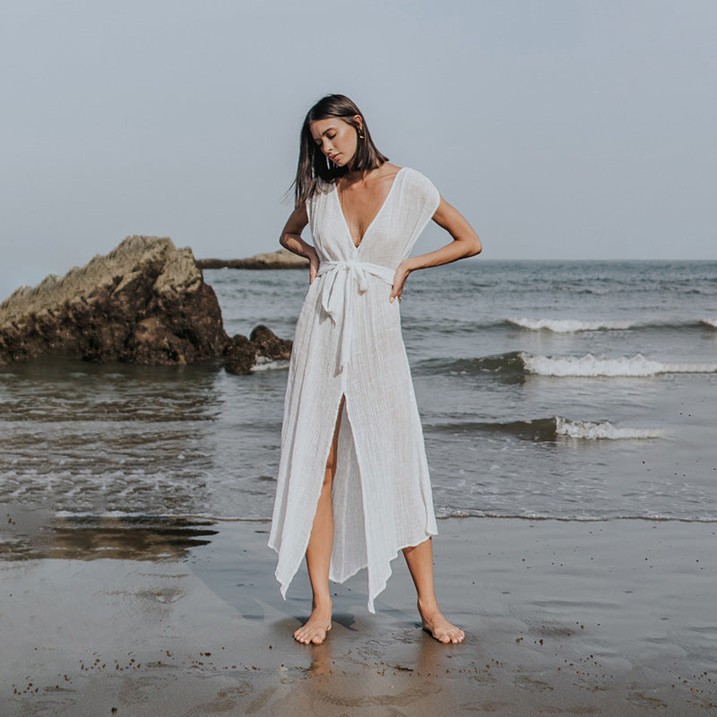 Damen luftiges Strandkleid mit Bindegürtel EB