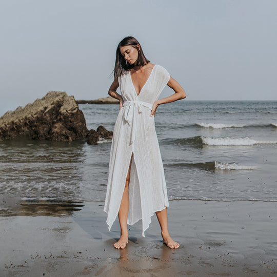 Damen luftiges Strandkleid mit Bindegürtel EB