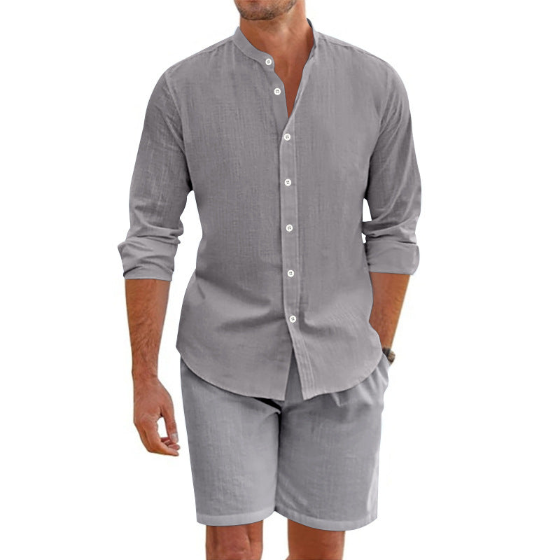 Herren lässiges Outfit-Set mit modernem Henley-Hemd und Shorts EB