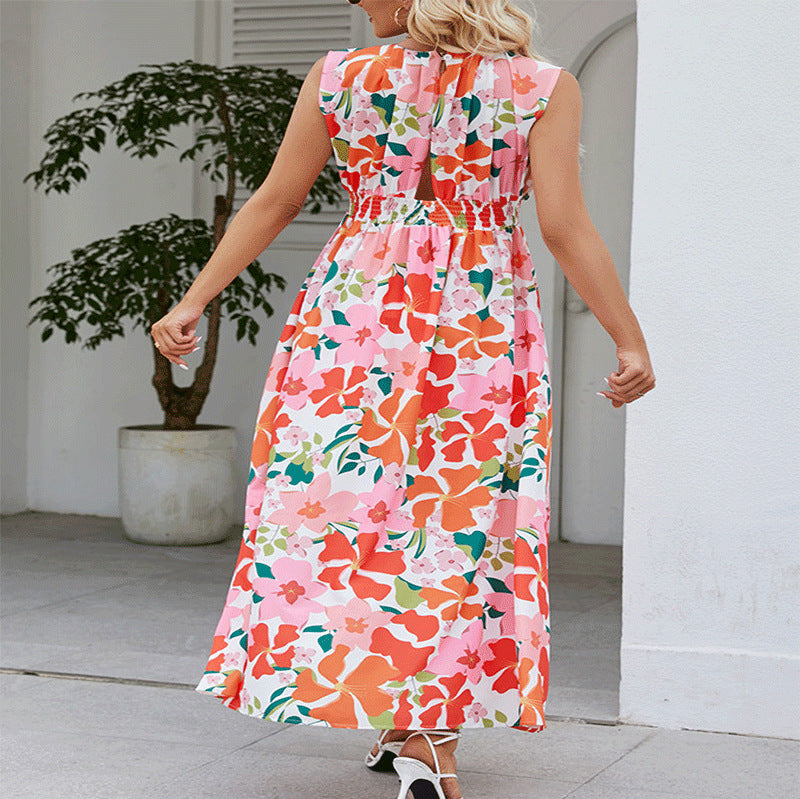 Damen Maxikleid mit floralem Design und elastischem Taillenbund EB