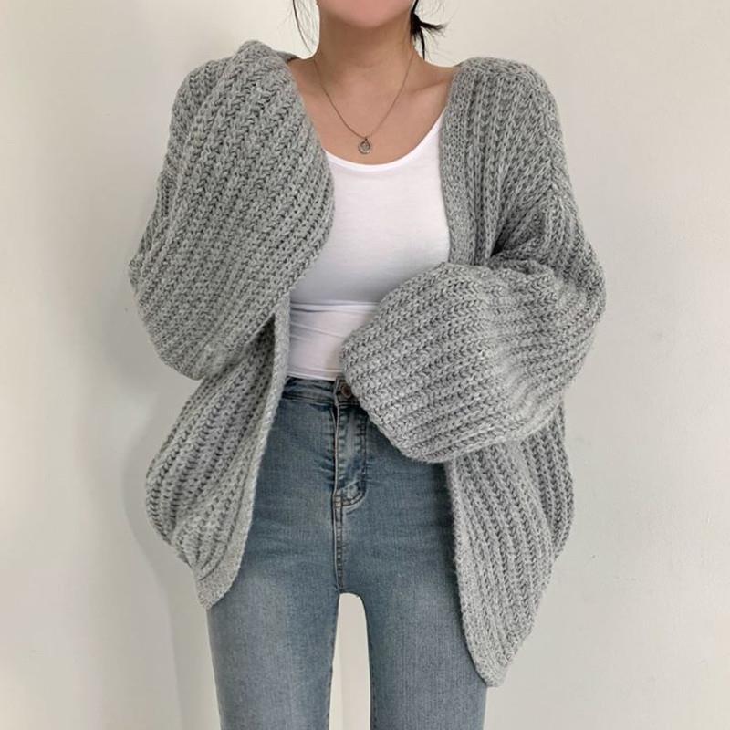Damen grob gestrickte Oversized Cardigan mit tiefem V-Ausschnitt EB
