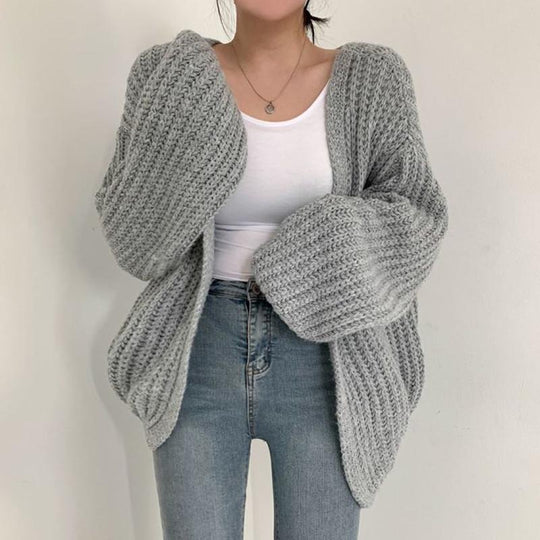 Damen grob gestrickte Oversized Cardigan mit tiefem V-Ausschnitt EB