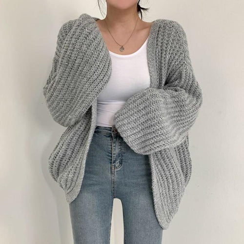 Damen grob gestrickte Oversized Cardigan mit tiefem V-Ausschnitt EB