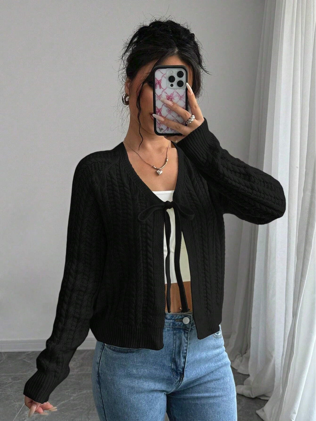 Damen Strickjacke mit modischem Kordelzug und feiner Netzstruktur EB