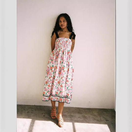 Damen Maxikleid mit floralem Print und elastischem Oberteil EB