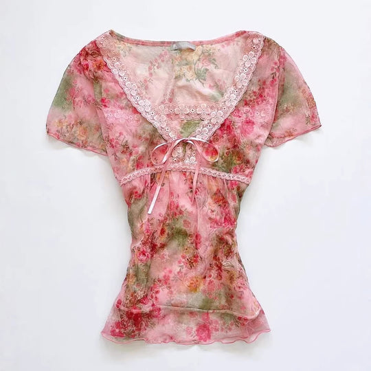 Damen florales Chiffon-Oberteil mit Spitzenakzenten EB