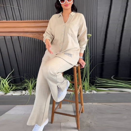 Damen Komfortables Lounge-Set mit eleganter Bluse und weiten Hosen EB