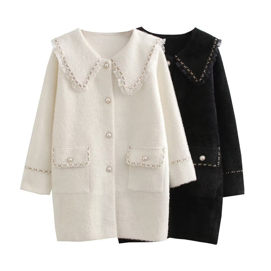 Damen Langarmjacke mit dekorativem Kragen und funktionalen Taschen EB