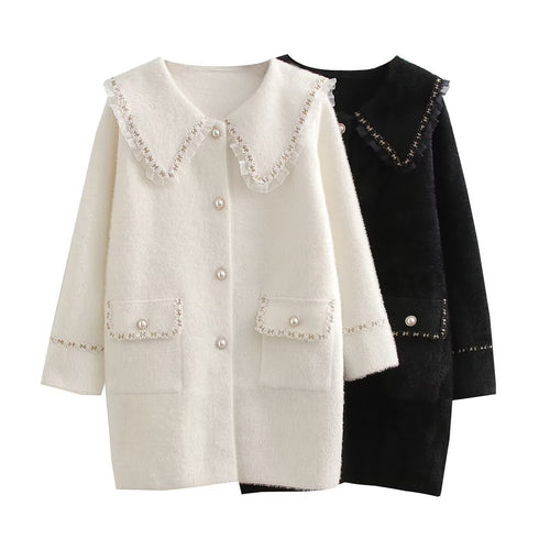 Damen Langarmjacke mit dekorativem Kragen und funktionalen Taschen EB