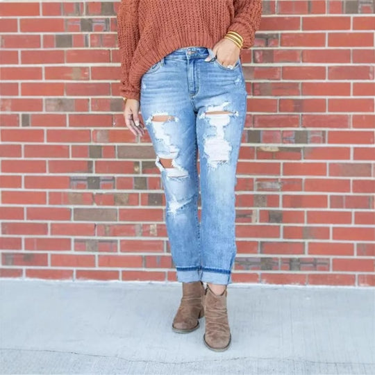 Damen Vintage Destroyed Jeans im entspannten Schnitt mit hohem Bund EB