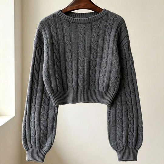 Damen Cropped Zopfmuster-Strickpullover mit kastiger Silhouette und Ballonärmeln EB