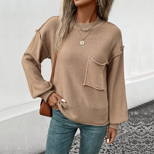 Damen lässiger Strickpullover mit aufgesetzter Tasche EB