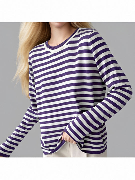 Damen gestreifter Langarmpullover mit Rundhalsausschnitt und lässigem Schnitt EB