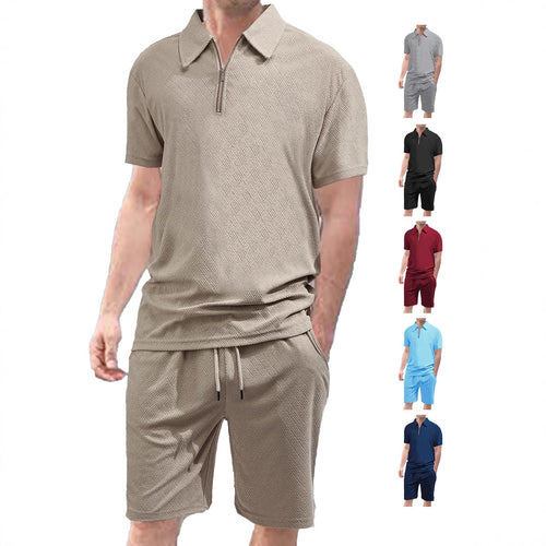 Herren nan komfortables Kurzarm-Halbzip-Set mit Polokragen und elastischer Kordelhose aus Strukturstrick EB