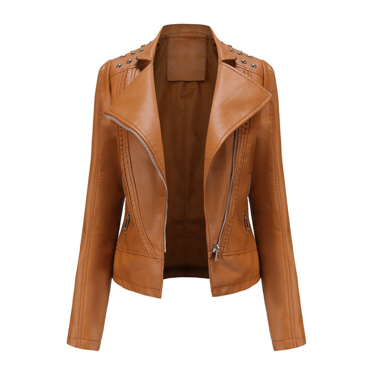 Damen nan taillierte Bikerjacke aus Kunstleder mit Nieten und asymmetrischem Reißverschluss EB