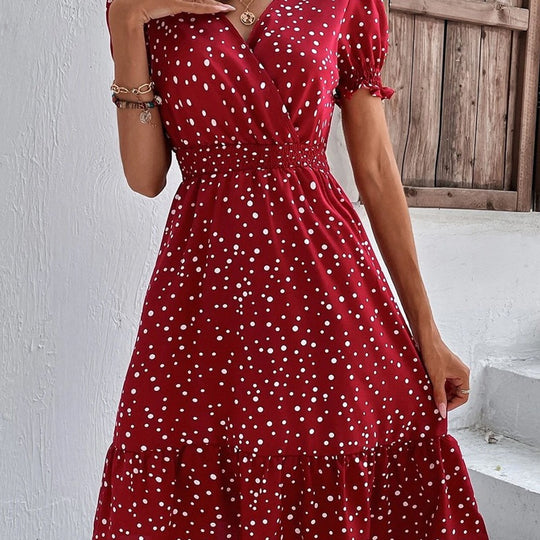Damen Midi-Kleid mit Puffärmeln und V-Ausschnitt EB