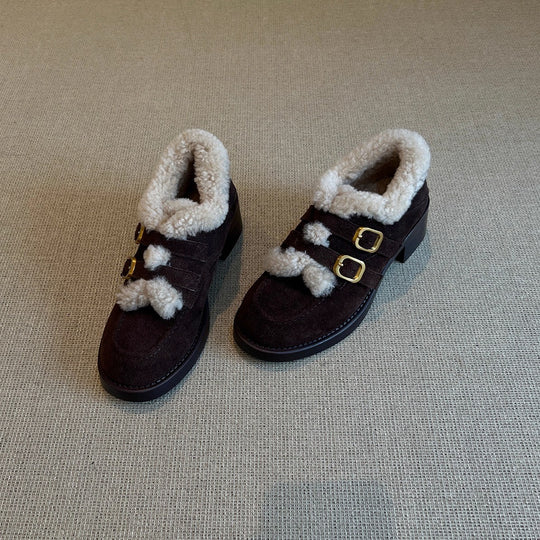 Damen gefütterte Clogs mit dekorativen Schnallen und weichem Kunstfellkragen EB