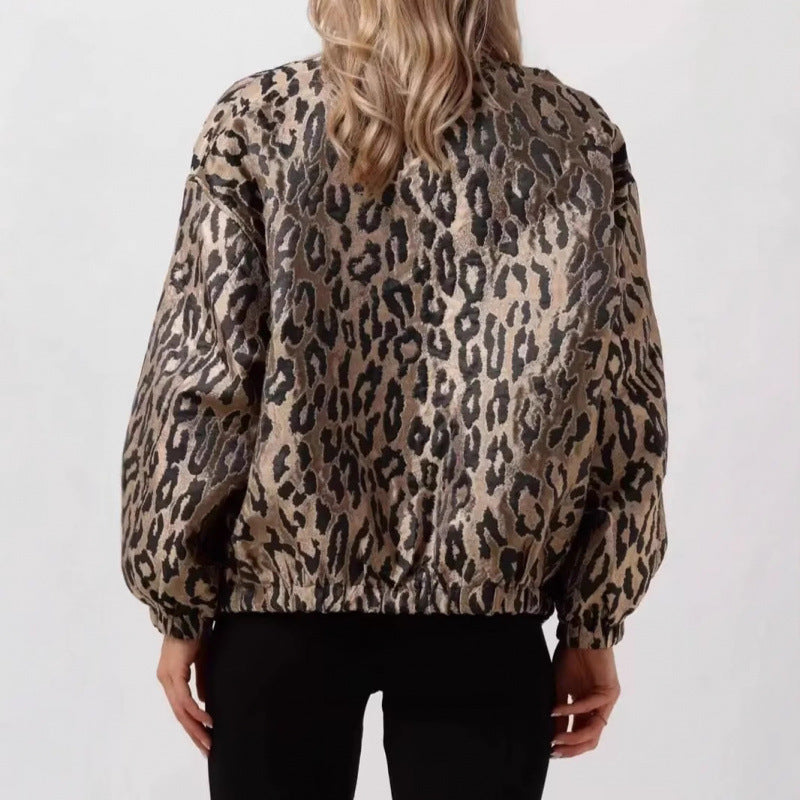 Damen modische Bomberjacke mit Leopardenmuster und elastischen Bündchen EB