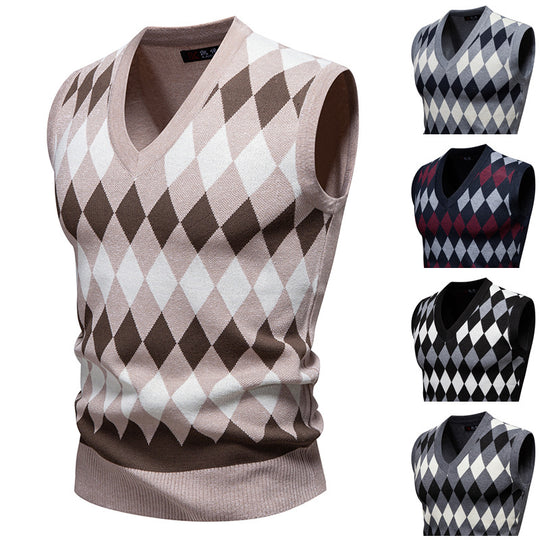Herren ärmelloser Pullover mit rautenförmigem Muster und modernem V-Ausschnitt EB