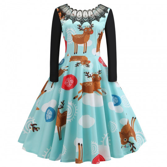 Damen Festliches Retro Swing Kleid mit Langarm A Linien Schnitt und Rentier-Print EB