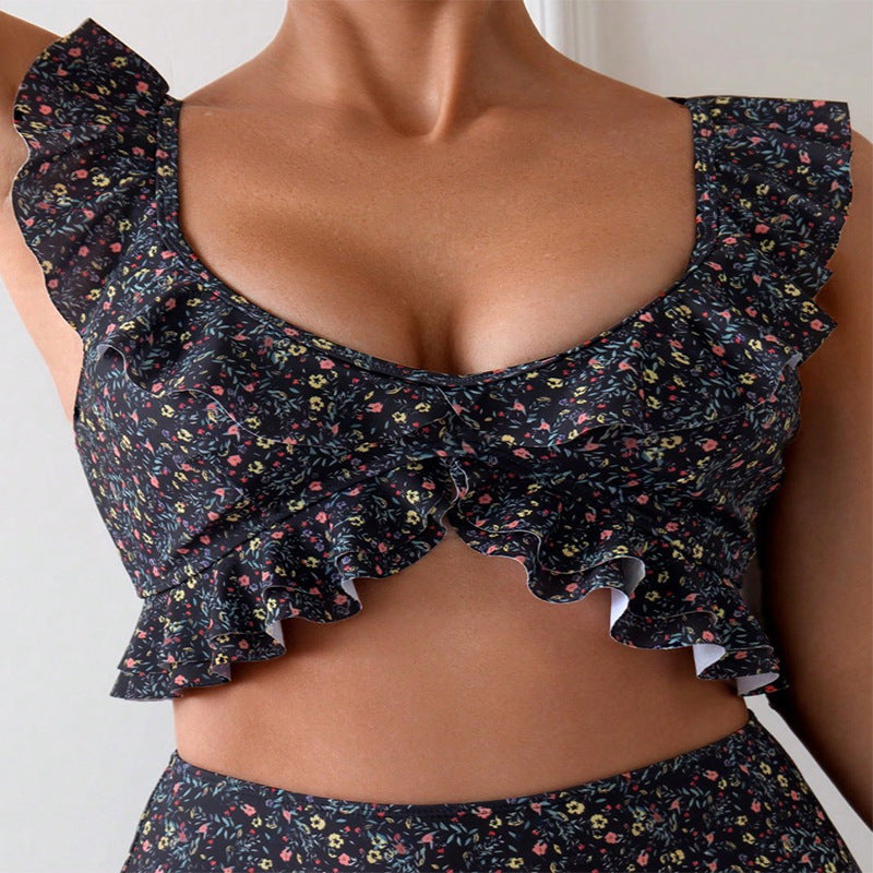 Damen Hochgeschnittener Bikini mit floralem Rüschendesign EB