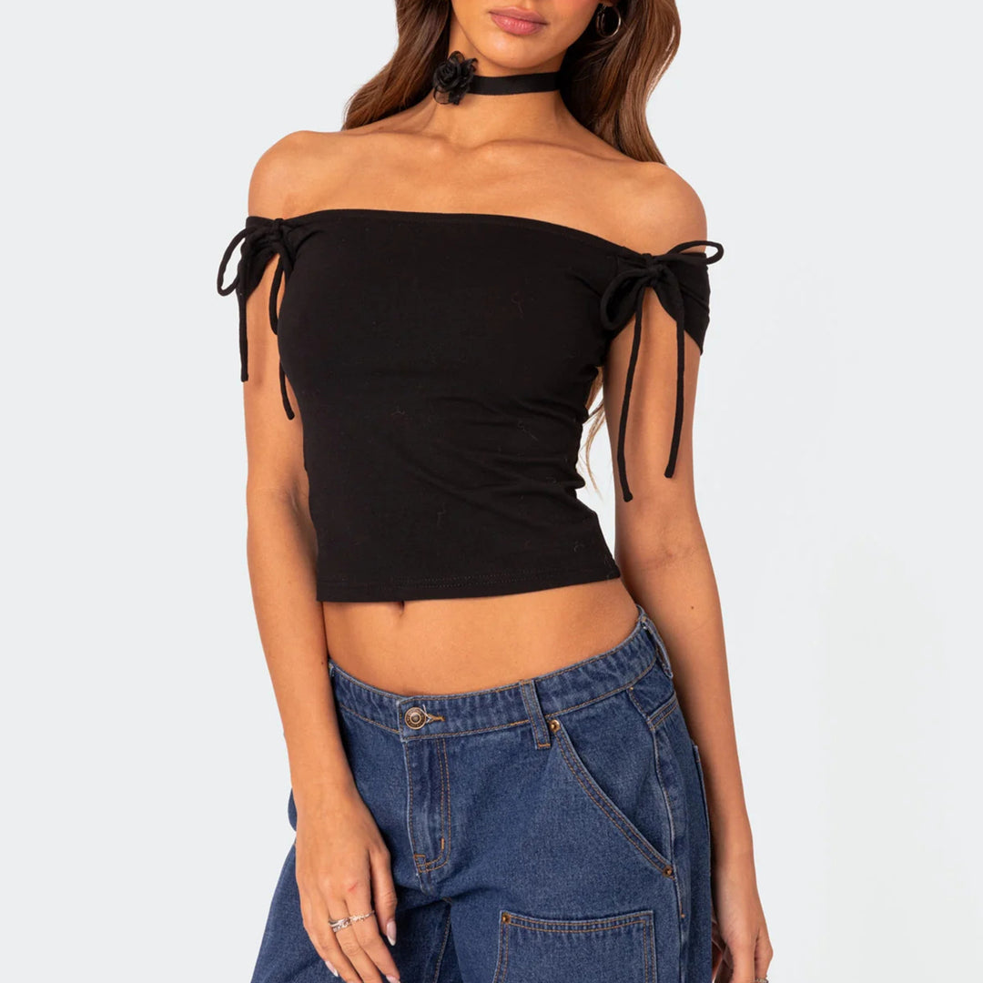 Damen raffiniertes Off-Shoulder T-Shirt mit eleganten Bindebändern EB