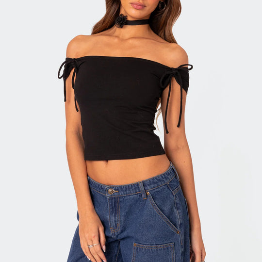 Damen raffiniertes Off-Shoulder T-Shirt mit eleganten Bindebändern EB
