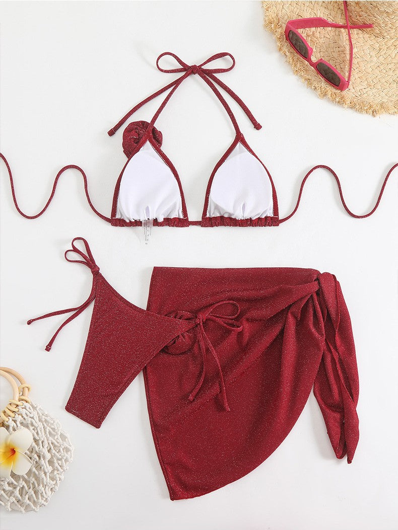 Damen Glitzernder Triangel-Bikini mit elegantem Wickelrock EB
