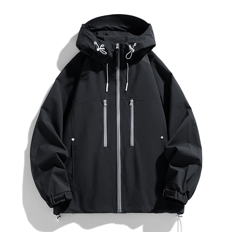 Unisex leichte wasserabweisende Kapuzenjacke mit zwei vertikalen Brustreißverschlusstaschen und verstellbarem Saum EB