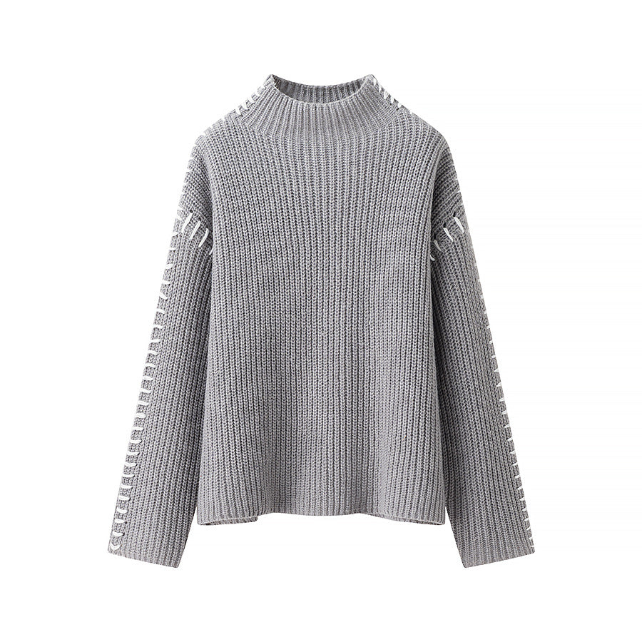 Damen nan Grobstrick-Oversize-Pullover mit hoher Rollkragenkante und Zierstich-Ärmeln EB