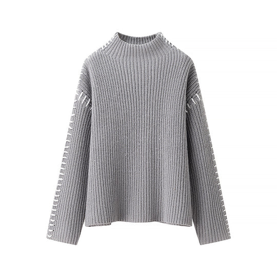 Damen nan Grobstrick-Oversize-Pullover mit hoher Rollkragenkante und Zierstich-Ärmeln EB