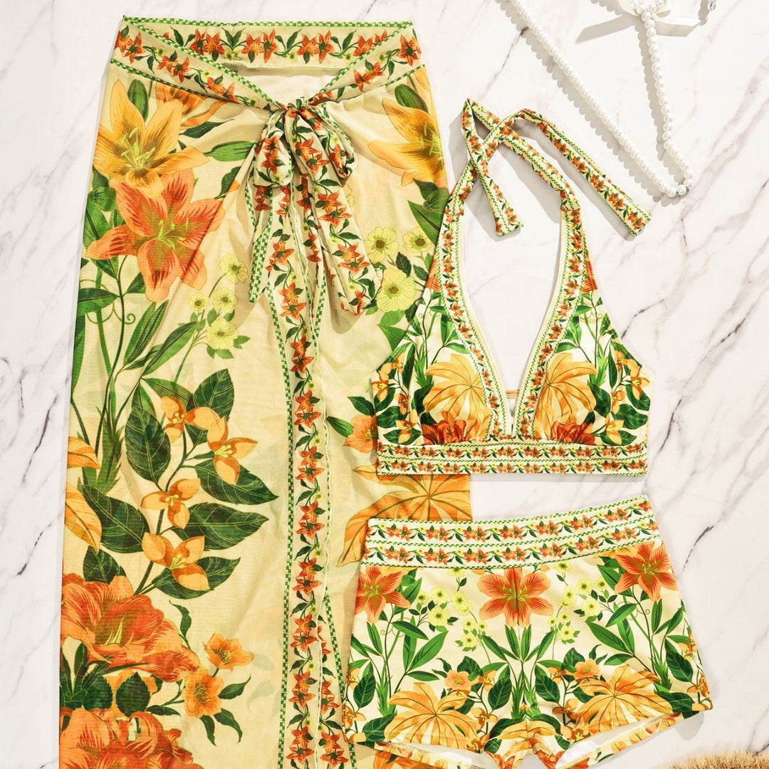 Damen Bikiniset mit floralem langen Überwurf EB