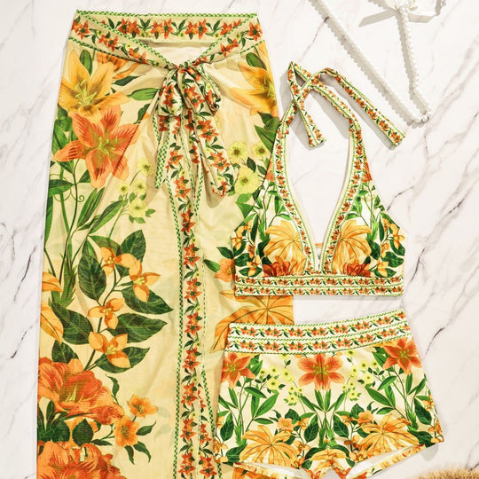 Damen Bikiniset mit floralem langen Überwurf EB