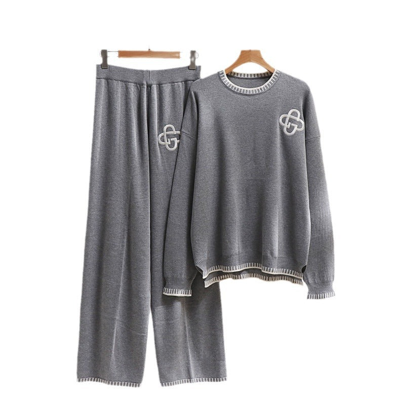 Damen lässiges Strick-Loungewear-Set mit dekorativen Kontrastdetails EB