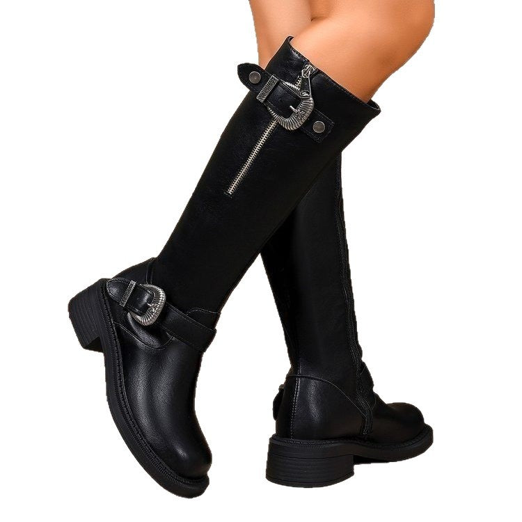 Damen Lange Stiefel mit modischem Gürtel und robustem Profil EB