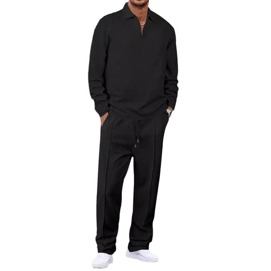 Unisex nan Waffelstruktur Freizeit-Set mit Halbzip-Poloshirt und elastischer Bundhose EB