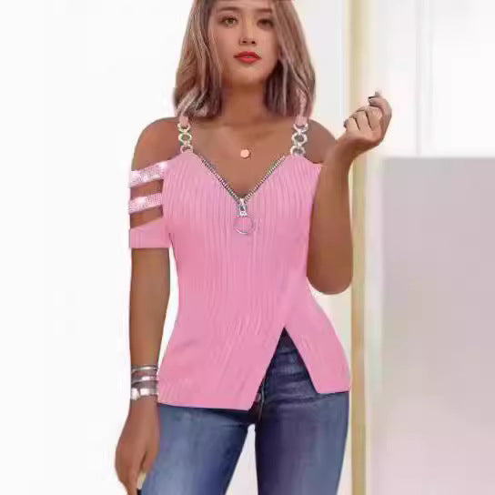 Damen Elegantes Oberteil mit asymmetrischem Schnitt und dekorativem Reißverschluss EB