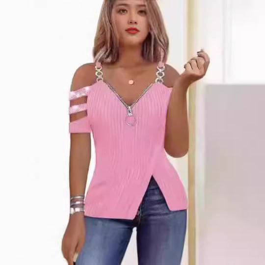 Damen Elegantes Oberteil mit asymmetrischem Schnitt und dekorativem Reißverschluss EB