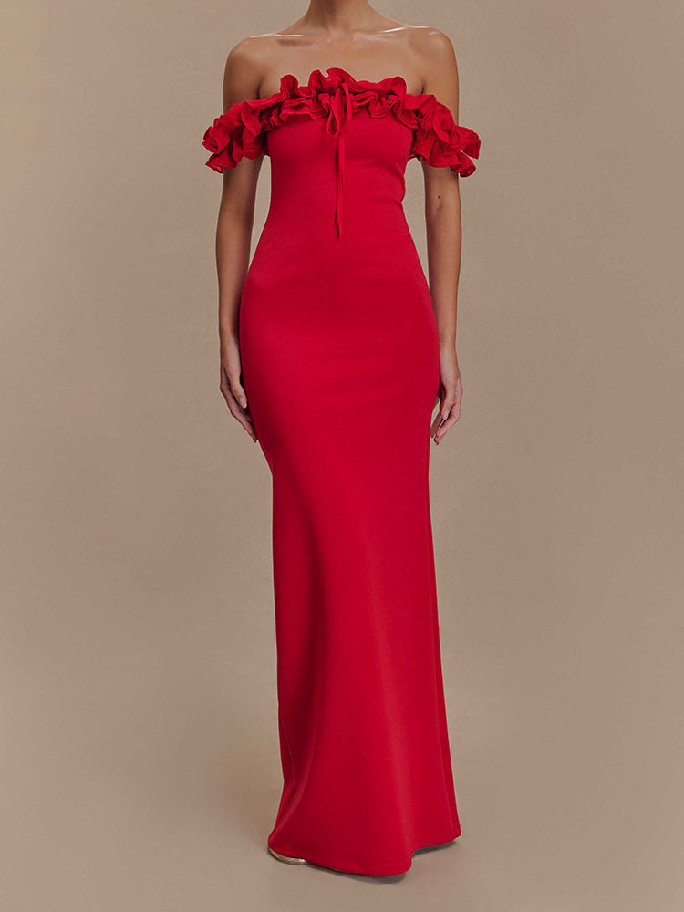Damen Elegantes, schulterfreies Maxikleid mit Rüschendetails EB