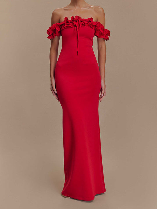 Damen Elegantes, schulterfreies Maxikleid mit Rüschendetails EB
