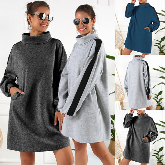 Damen lässiges Sweatshirtkleid mit hochgeschlossenem Kragen und seitlichen Einsätzen EB