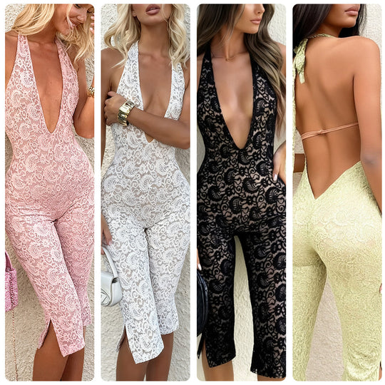Damen Jumpsuit aus filigraner Spitze mit tiefem Ausschnitt und seitlichen Schlitzen EB