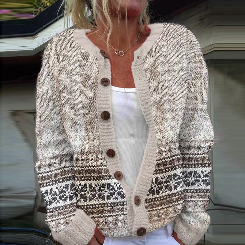 Damen nan gemusterte Strickjacke mit Rundpasse, Holzknöpfen und Eingrifftaschen EB