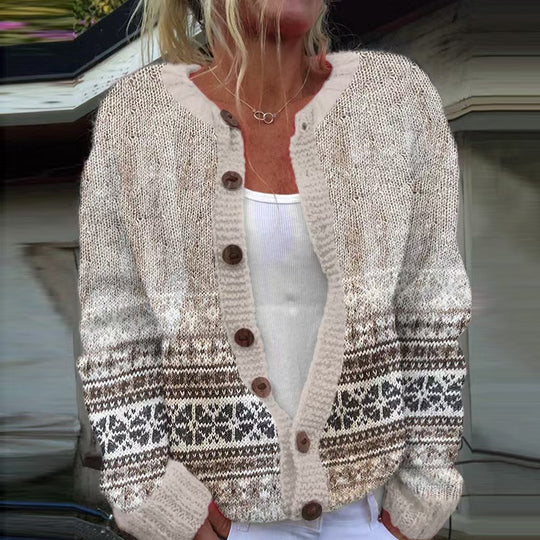 Damen nan gemusterte Strickjacke mit Rundpasse, Holzknöpfen und Eingrifftaschen EB