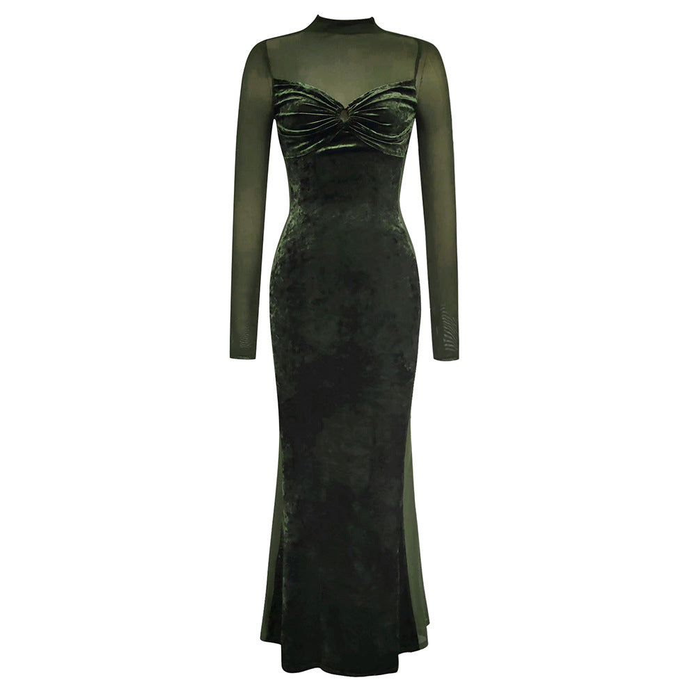 Damen Elegantes Samt-Maxi-Kleid mit transparenten Ärmeln und schickem V-Ausschnitt EB