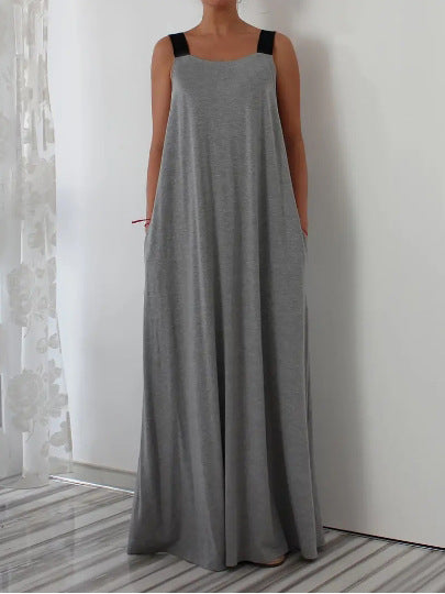 Damen luftiges Maxikleid mit verstellbaren Trägern und Taschen EB